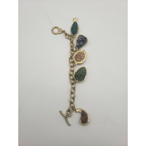 Large Chunky Gold Tone Charm Bracelet Fruit Charms W/Stone - Picture 1 of 3